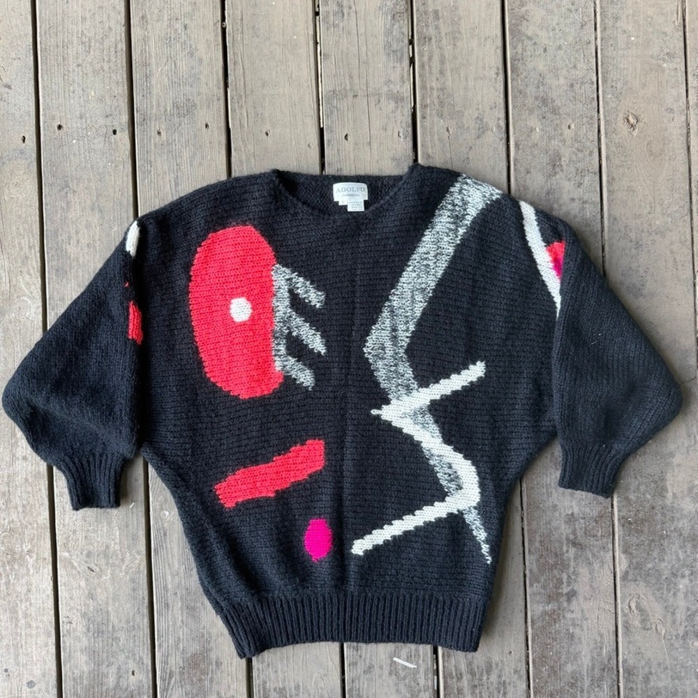Adolfo Vintage 80s Abstract Geometric Batwing Knit Sweater Black Large Retro